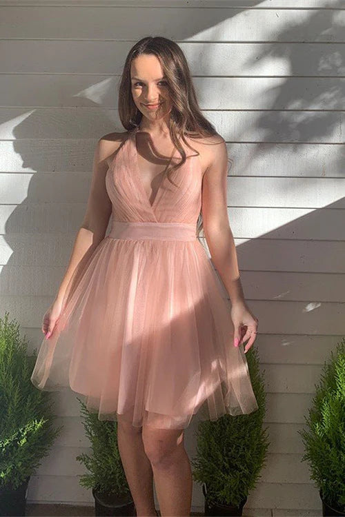 Weitese Dress A-Line Blush Deep V-Neck Tulle Homecoming Dress Sleeveless Open Back Party Dress